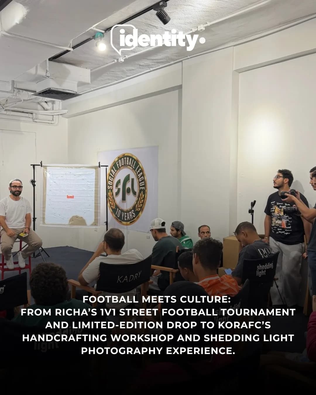 The SFL team on stage in front of the Social Football League 10 Years banner