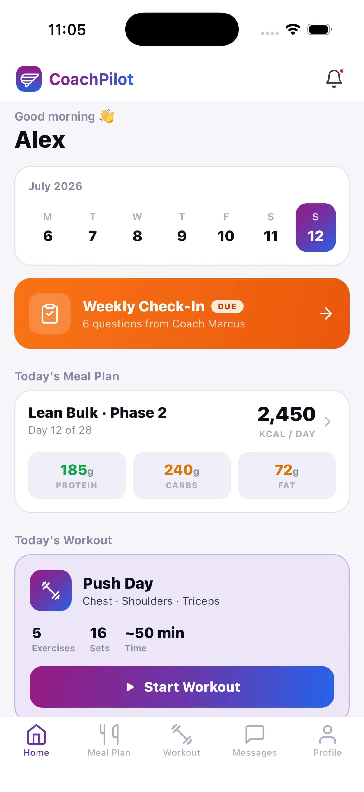 CoachPilot mobile app home screen for a client/athlete