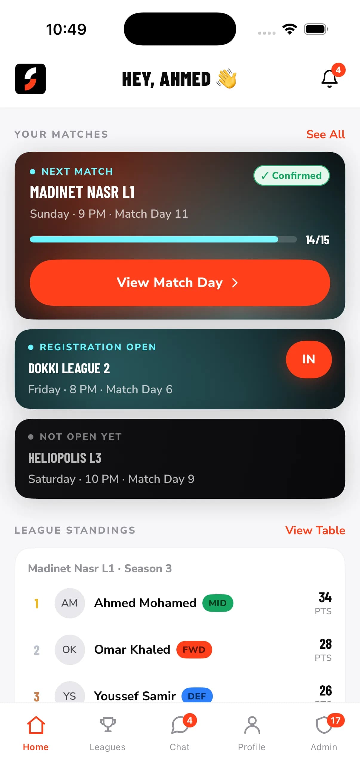 SFL app home screen showing next match and league standings