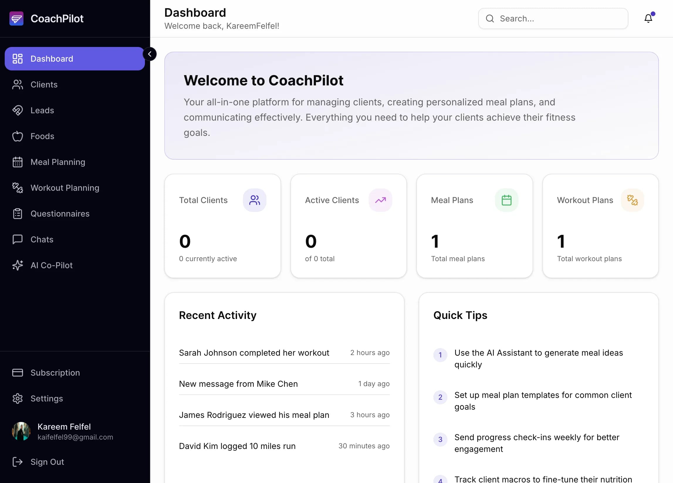 CoachPilot web dashboard for a coach