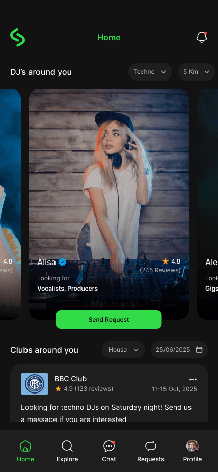 Gigswap app home screen showing nearby DJ discovery feed