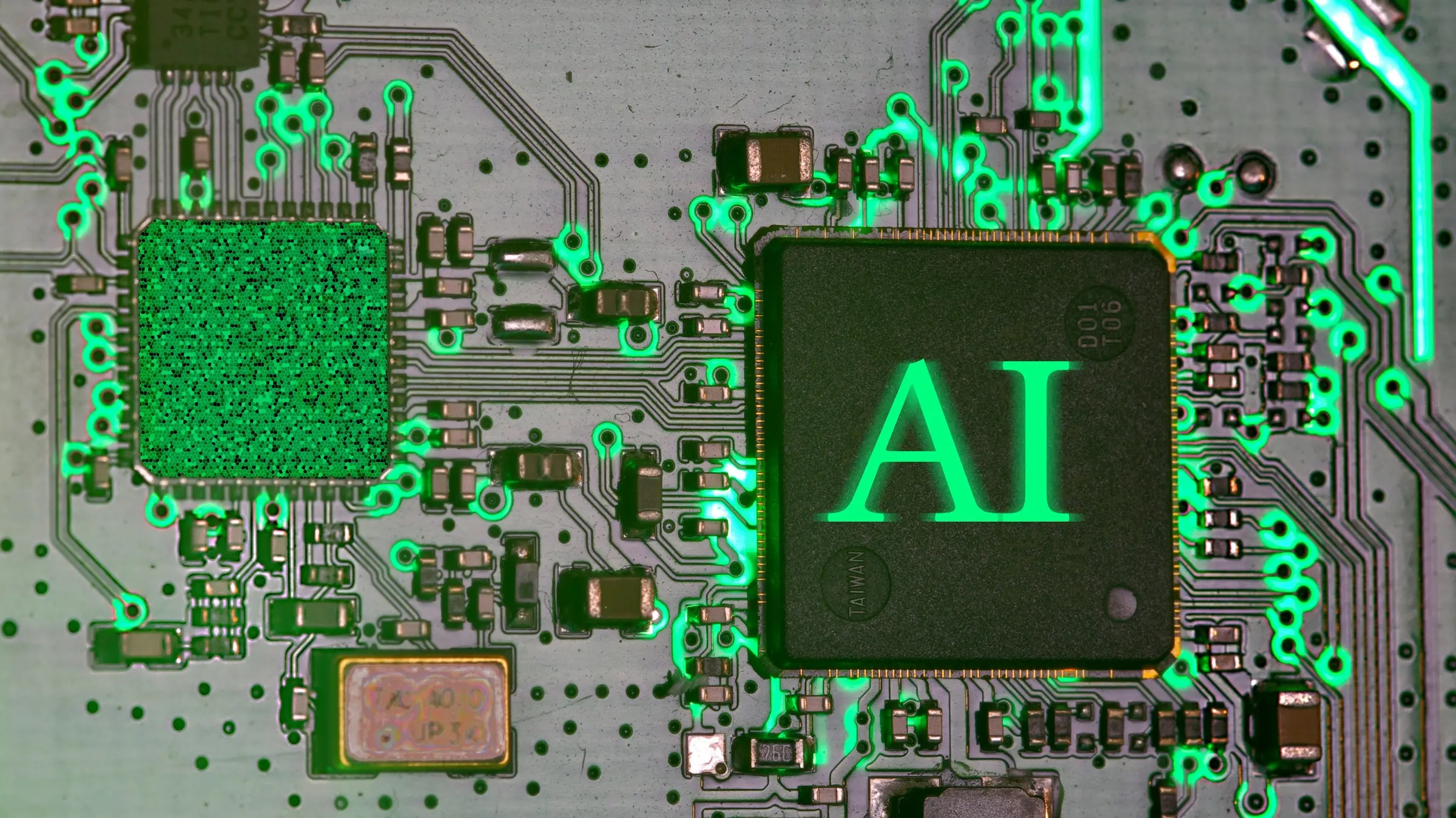 Circuit board with a glowing chip labeled AI