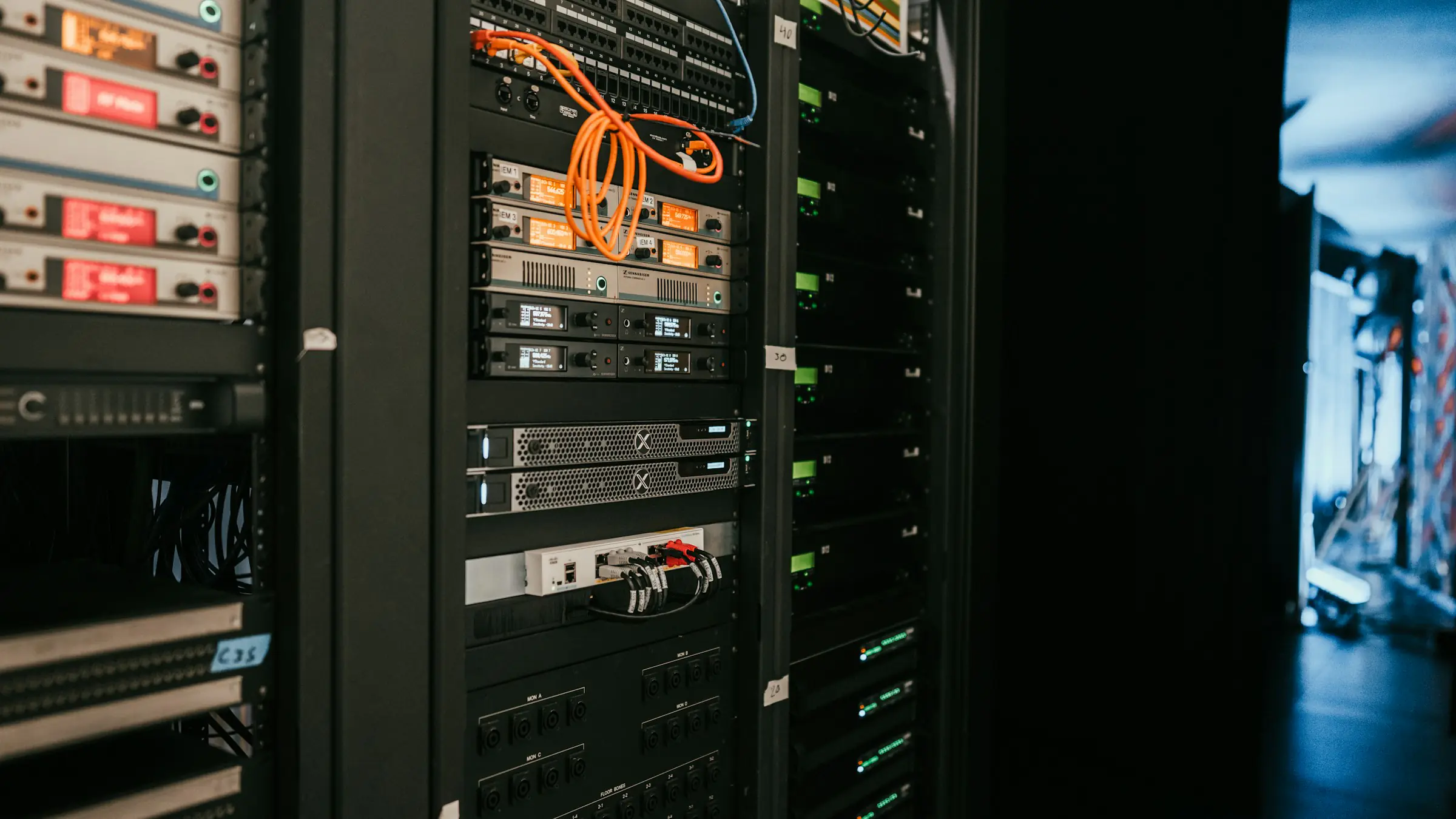 Server rack with network cables in a data center
