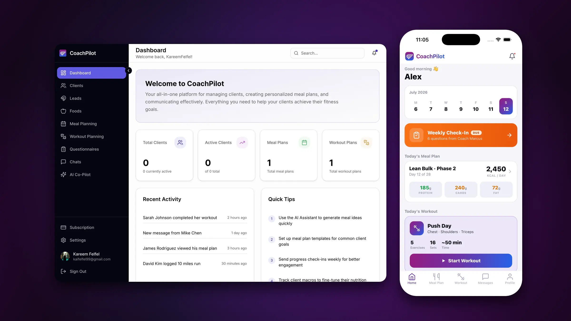 CoachPilot coach dashboard on the web and client mobile app, built by Synaptix