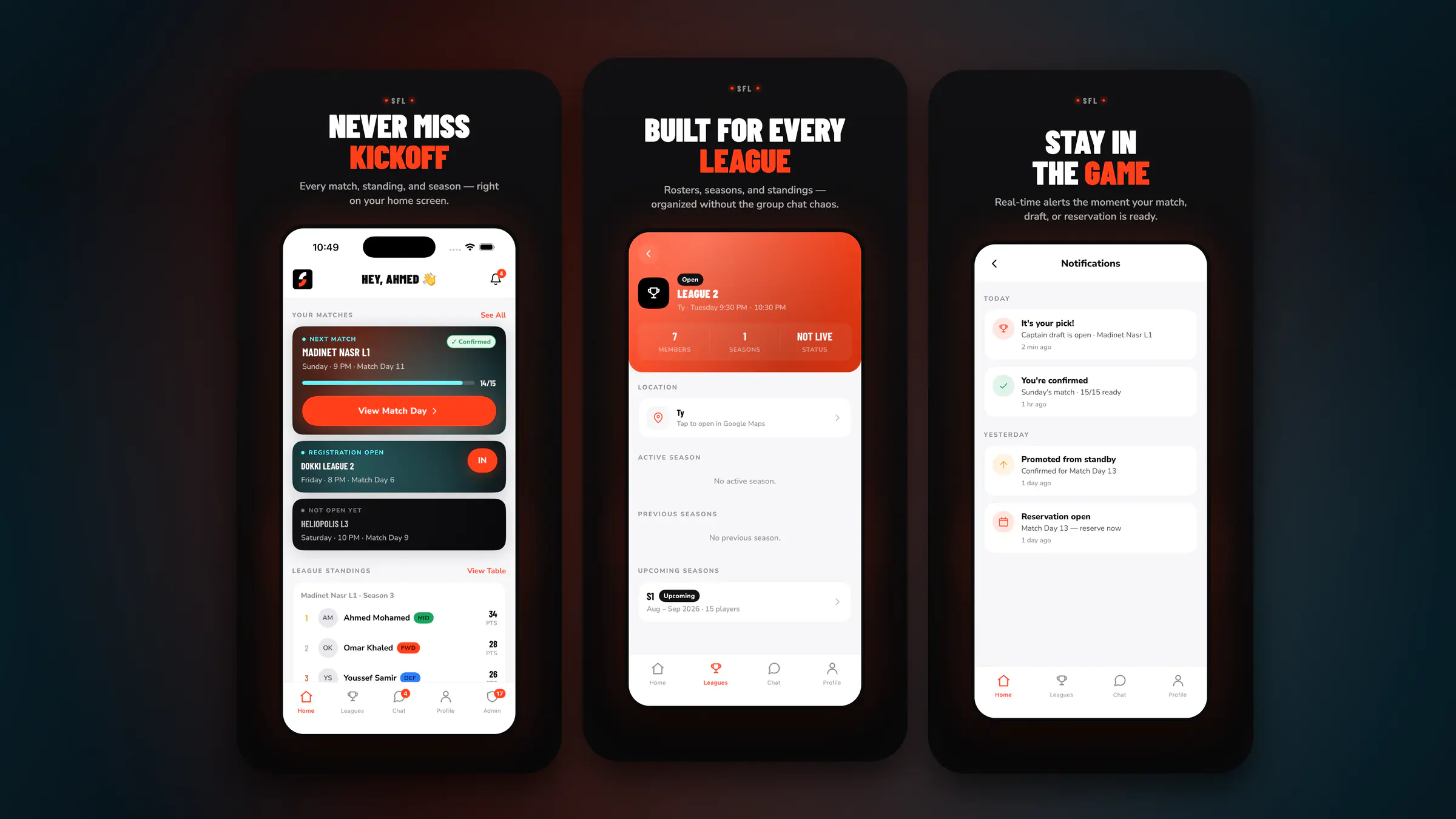 Three SFL mobile app screens: match day, league page and notifications