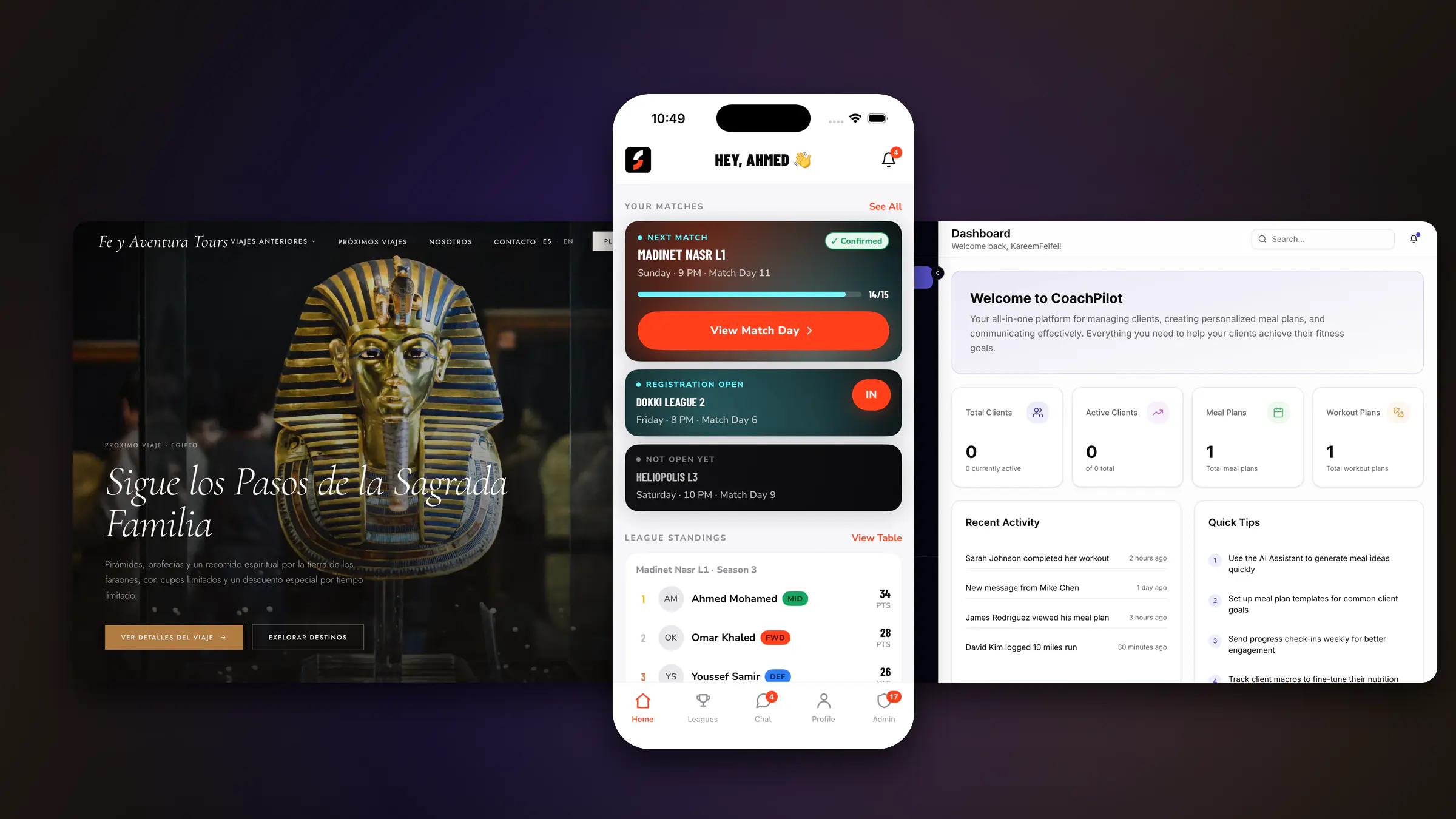 Synaptix client work: the Fe y Aventura Tours website, SFL mobile app and CoachPilot dashboard