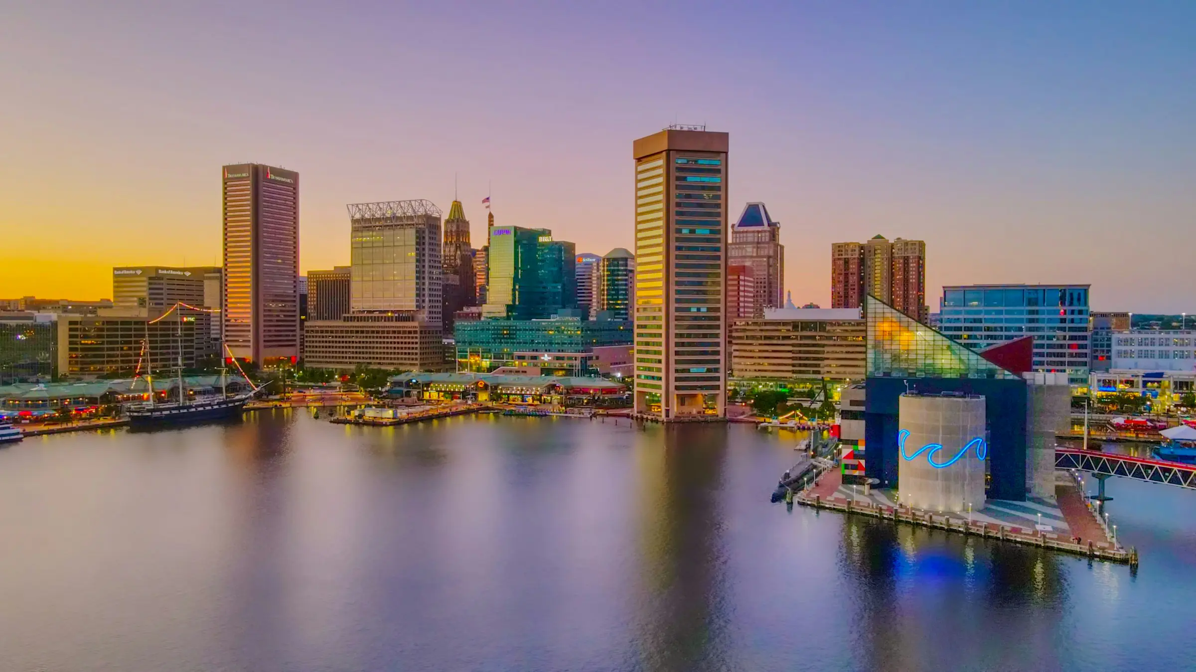 Baltimore Inner Harbor skyline at sunset