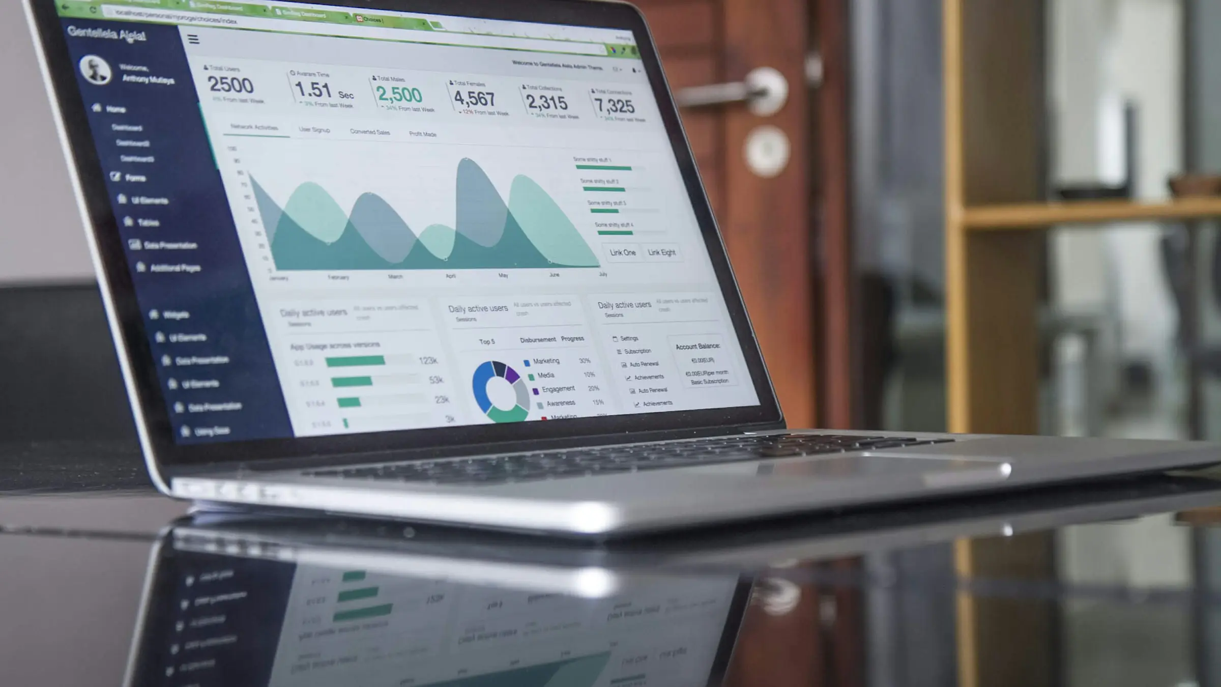 Laptop showing a web app analytics dashboard